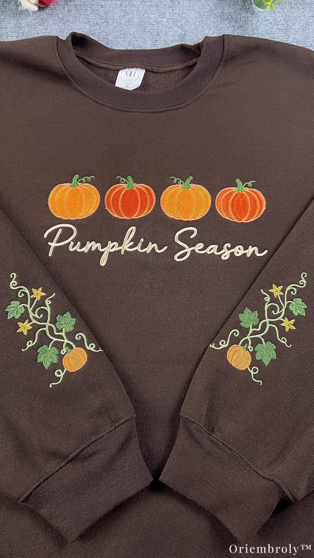 Pumpkin Season Row Pumpkin Vine Sleeve Embroidered Chocolate Brown Sweatshirt