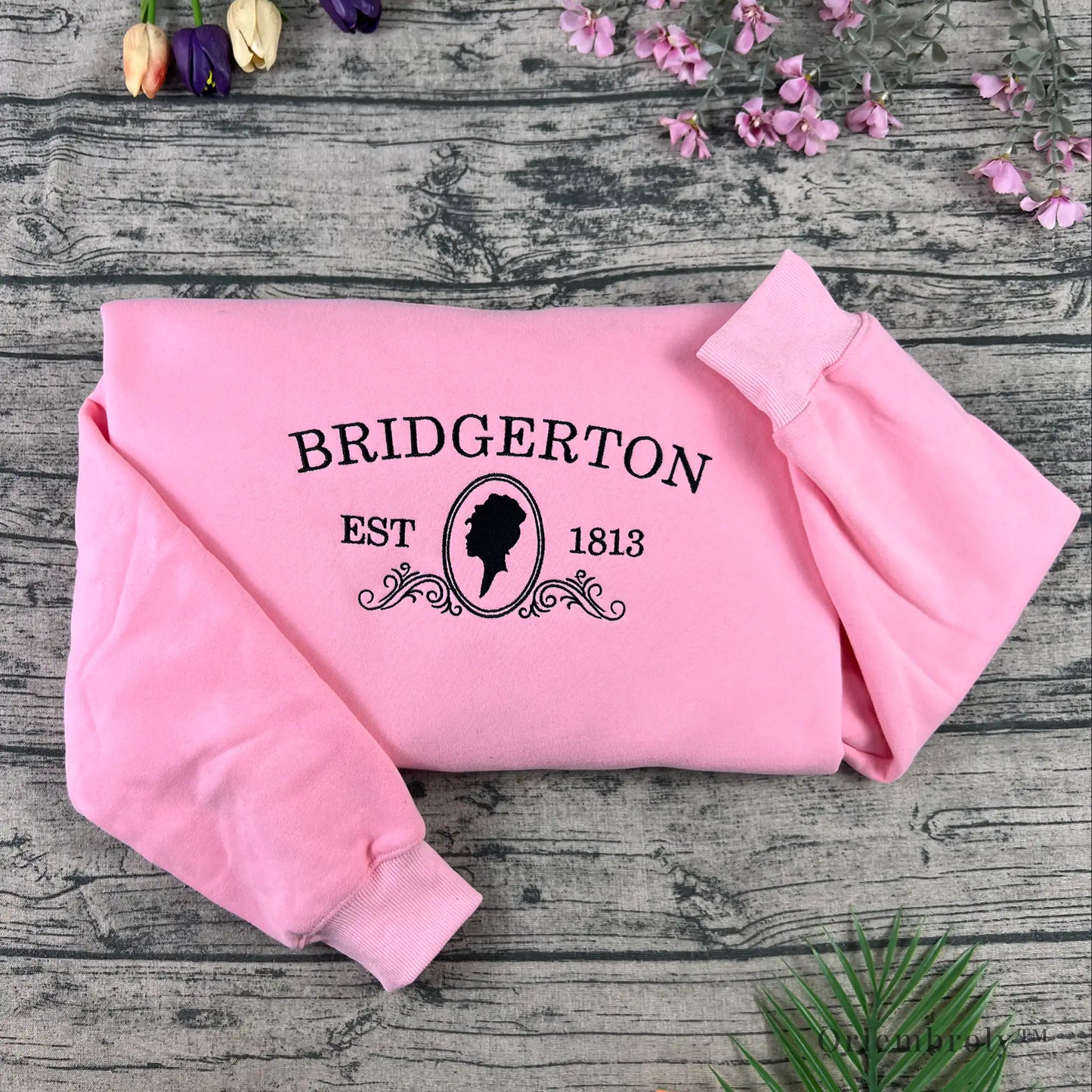 1813 regency era inspired embroidered pink crewneck sweatshirt
