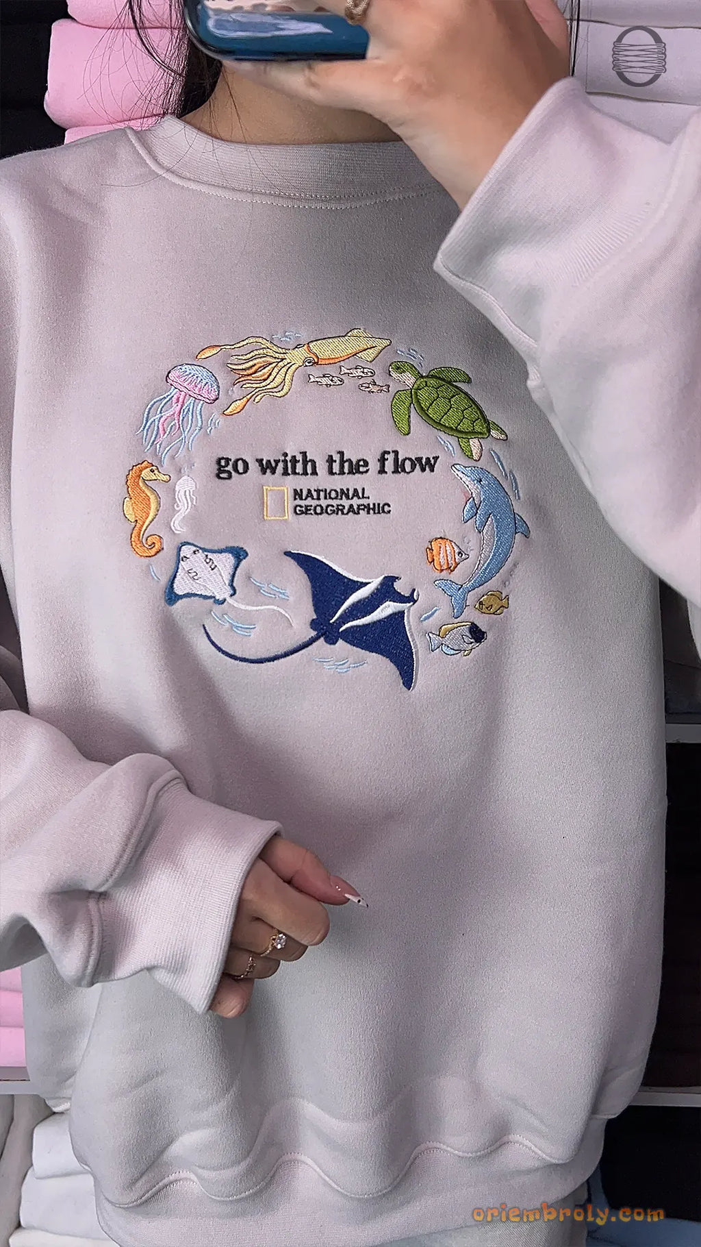 Go With The Flow Marine Life Sea Turtle Dolphin Embroidered Navy Sweatshirt