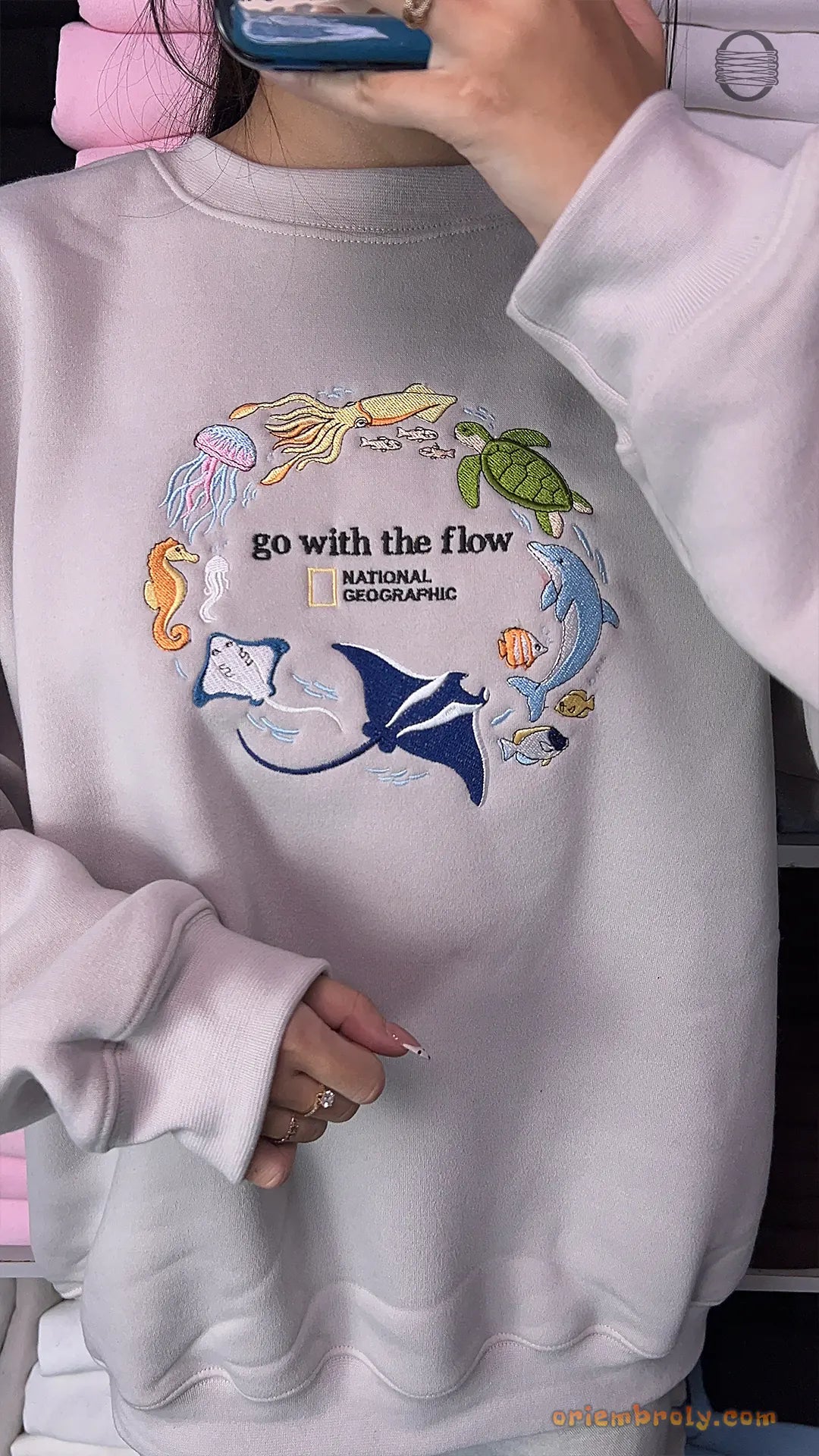 Go With The Flow Marine Life Sea Turtle Dolphin Embroidered Navy Sweatshirt