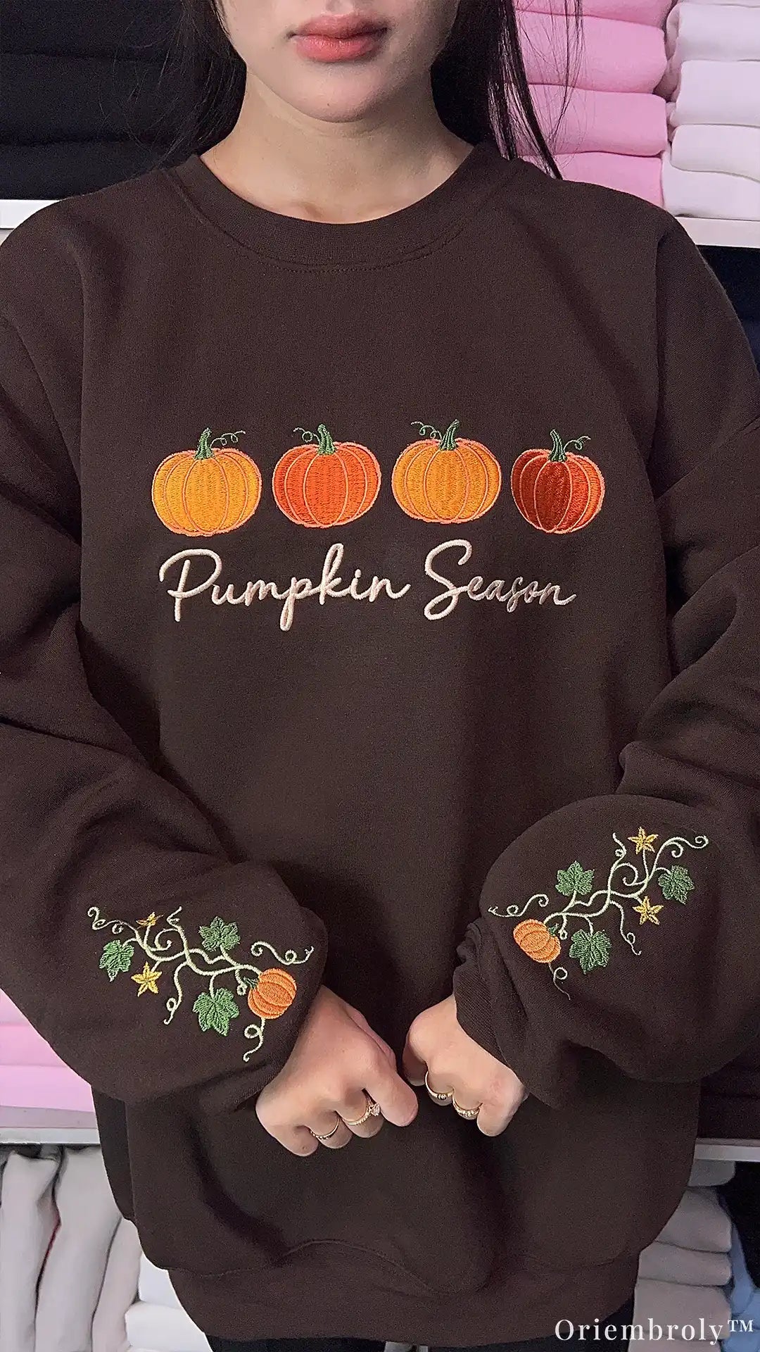 Pumpkin Season Row Pumpkin Vine Sleeve Embroidered Chocolate Brown Sweatshirt