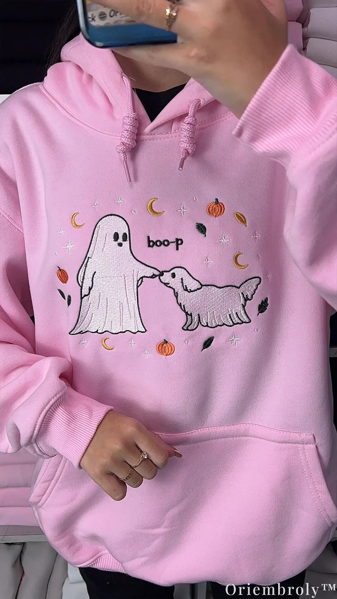 Friendly Ghost Boop Puppy Pumpkin Embroidered Pastel Pink Pullover Hoodie