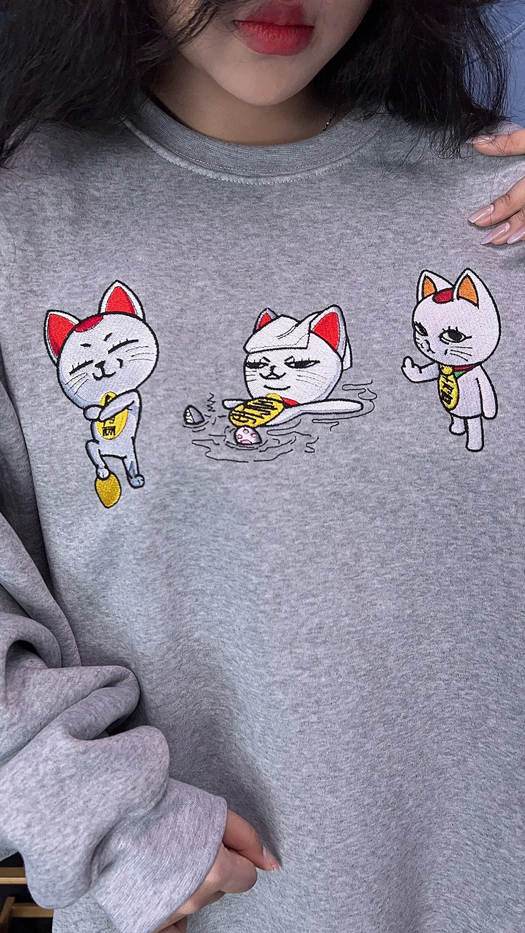 Dandadan Turbo Granny Cat Embroidery – Meme Cat Crewneck for Fans