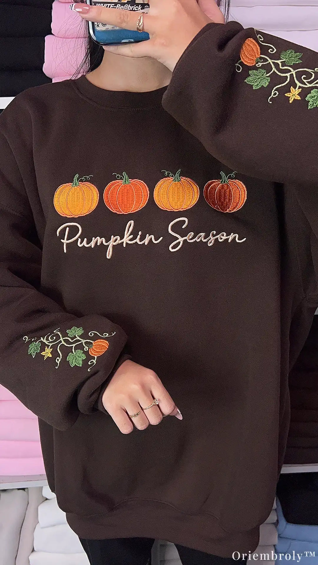 Pumpkin Season Row Pumpkin Vine Sleeve Embroidered Chocolate Brown Sweatshirt