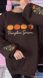 Pumpkin Season Row Pumpkin Vine Sleeve Embroidered Chocolate Brown Sweatshirt