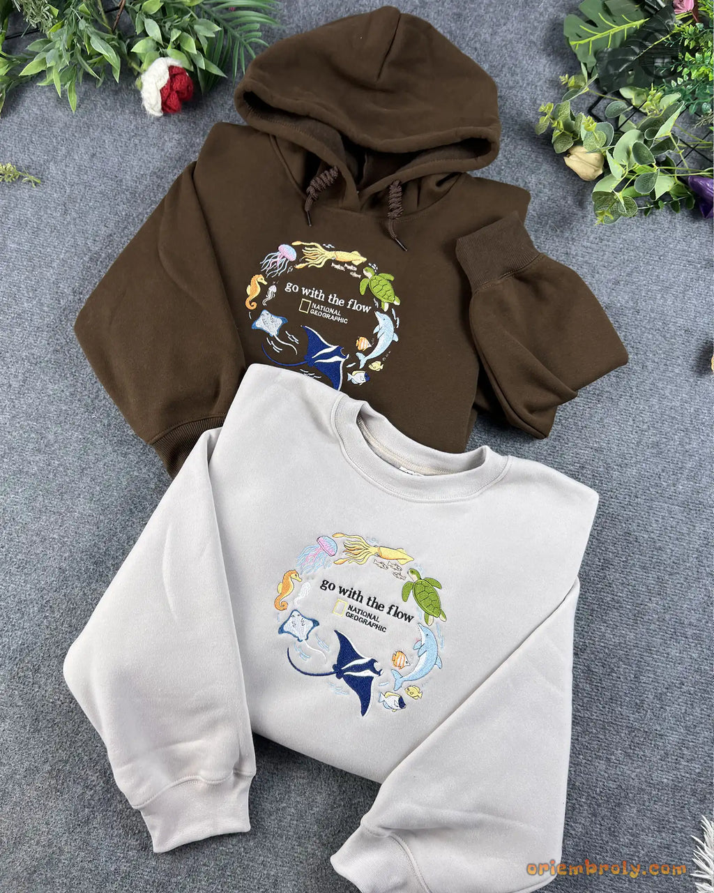 Go With The Flow Marine Life Sea Turtle Dolphin Embroidered Navy Sweatshirt