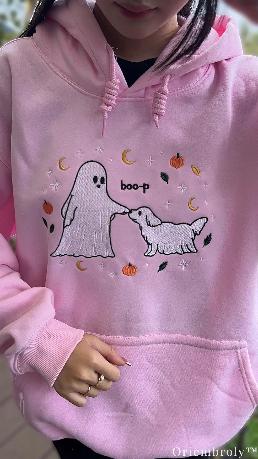 Friendly Ghost Boop Puppy Pumpkin Embroidered Pastel Pink Pullover Hoodie