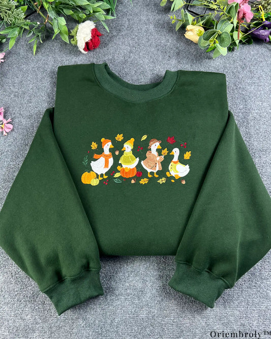 Autumn Ducklings Pumpkin Patch Embroidered Crewneck Sweatshirt