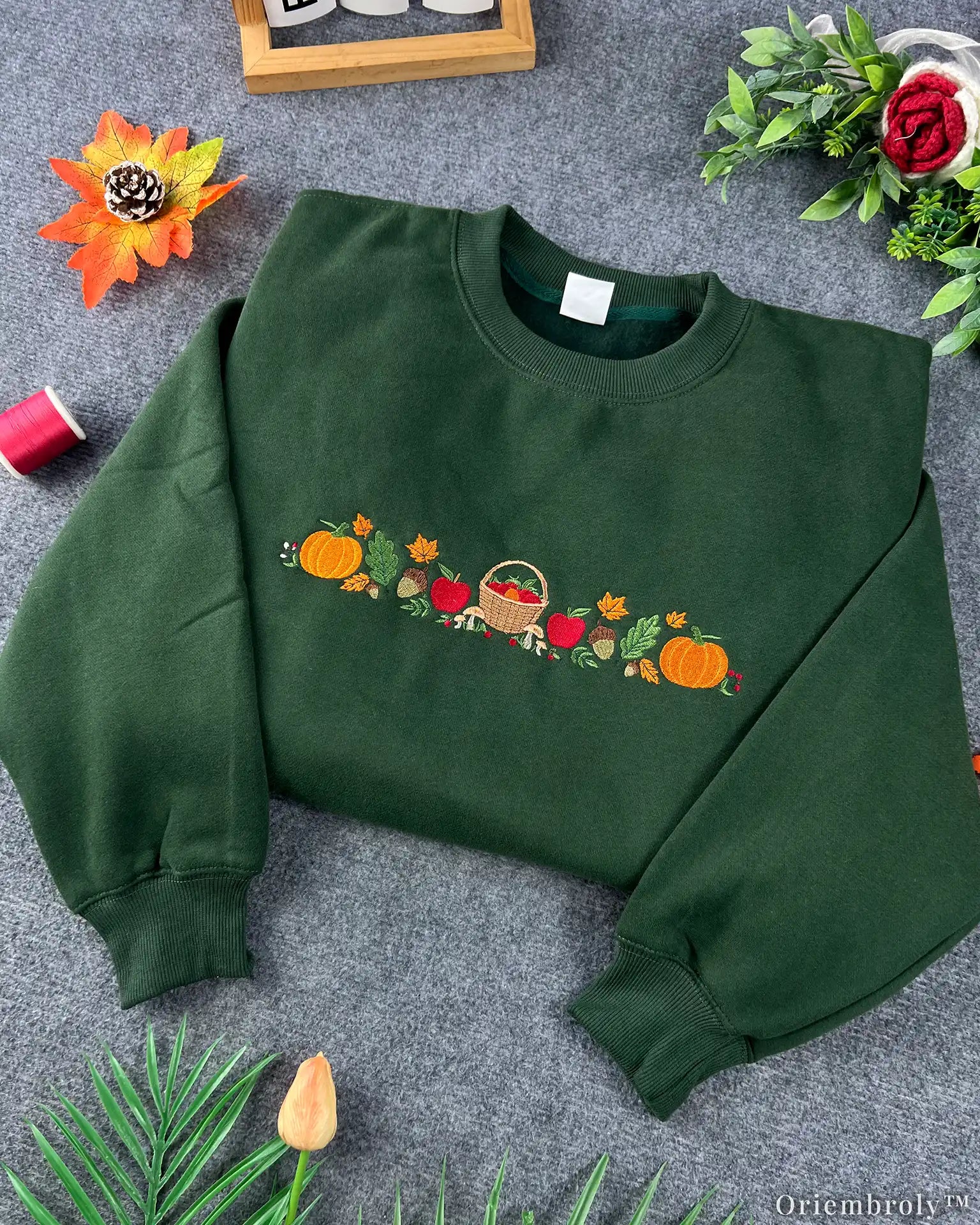 Autumn Harvest Embroidered Sweatshirt – Pumpkin Apple Fall Crewneck, Forest Green Cozy Fleece Pullover