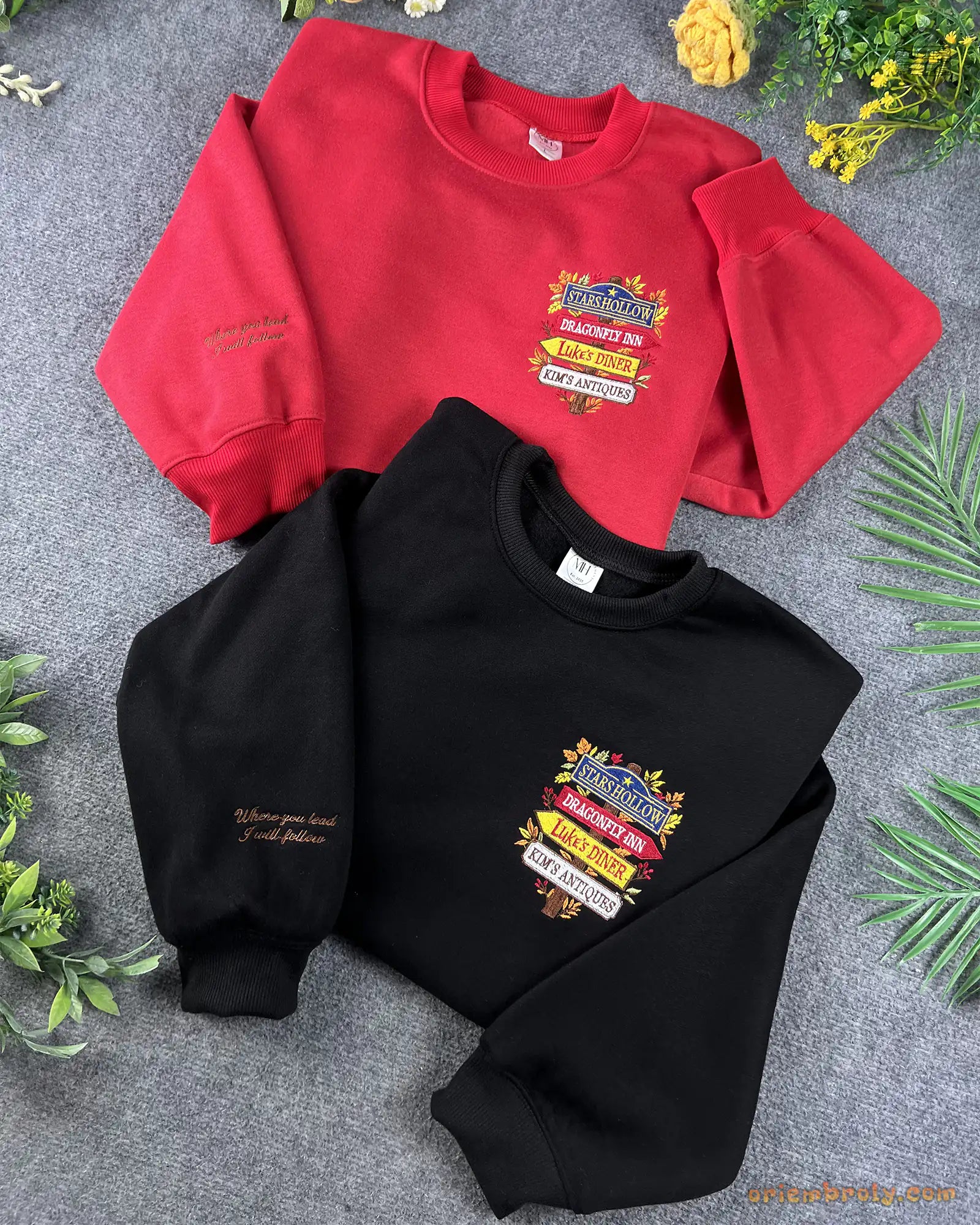 Stars Hollow Directional Signpost Embroidered Red and Black Crewneck Sweatshirt