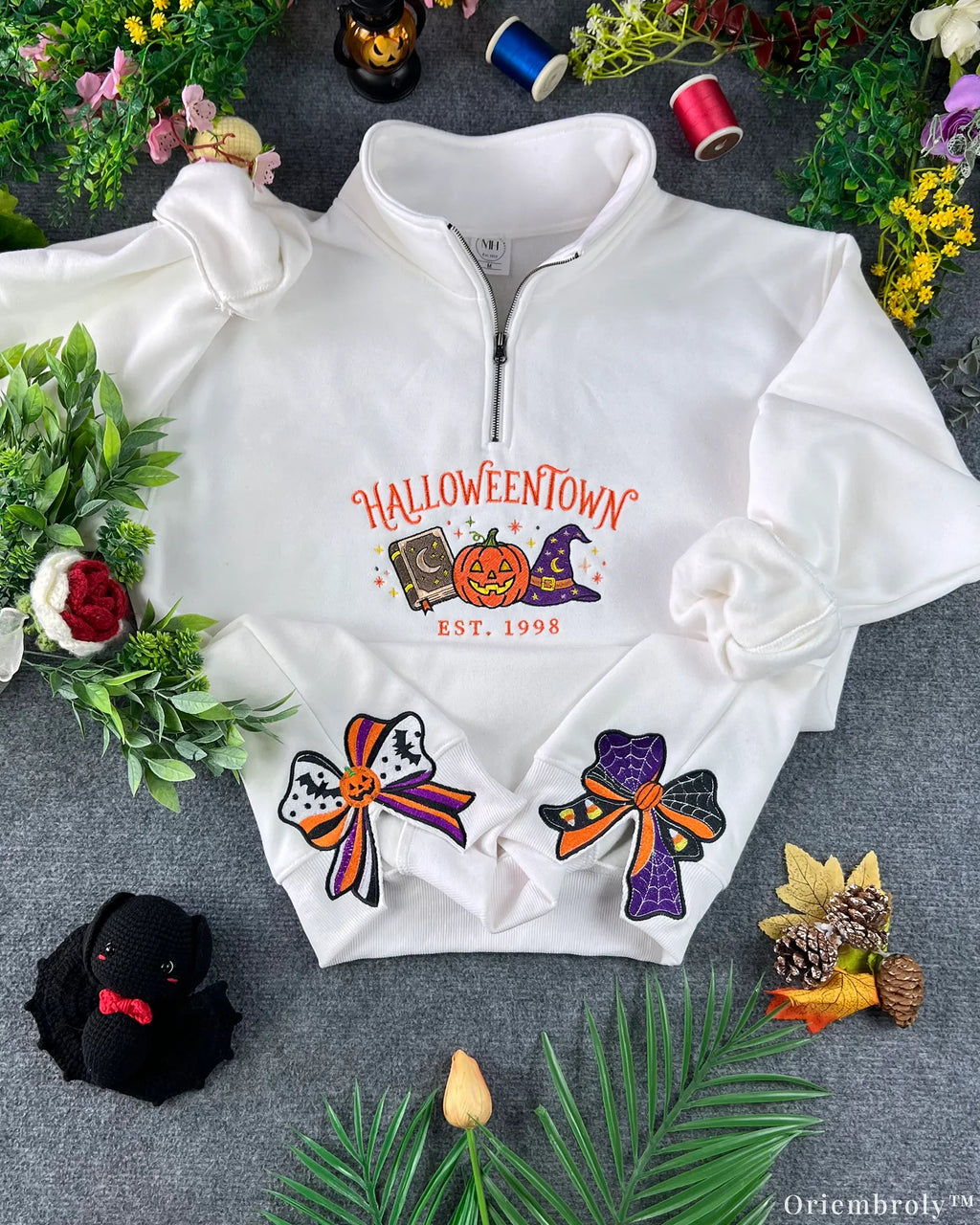 Side Bow Halloween Embroidered Sweatshirt – Vintage Witch Book Halloween Crewneck