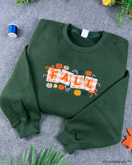 Fall Pumpkin Gingham Embroidered Crewneck Sweatshirt, Cozy Autumn Appliqué Design