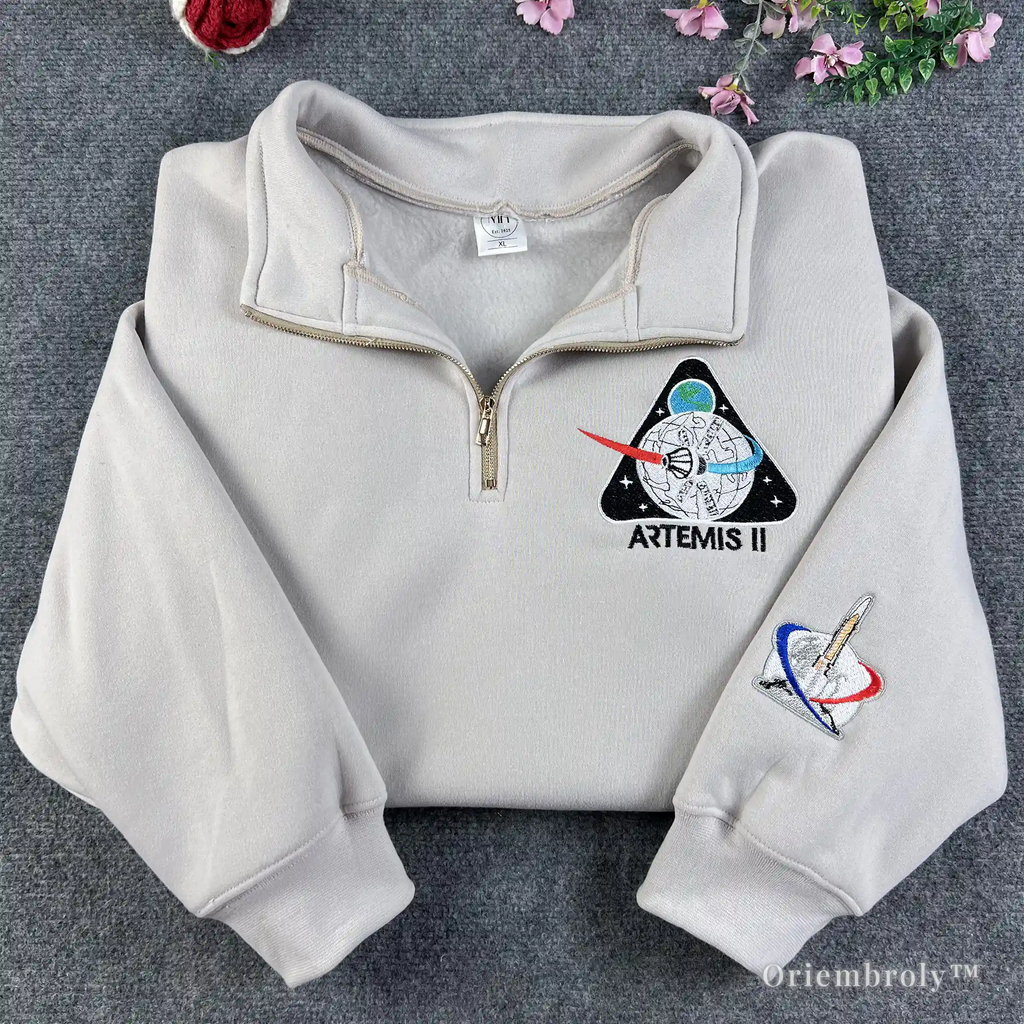 NASA Artemis II Embroidered Quarter Zip – Space Mission Pullover Sweatshirt