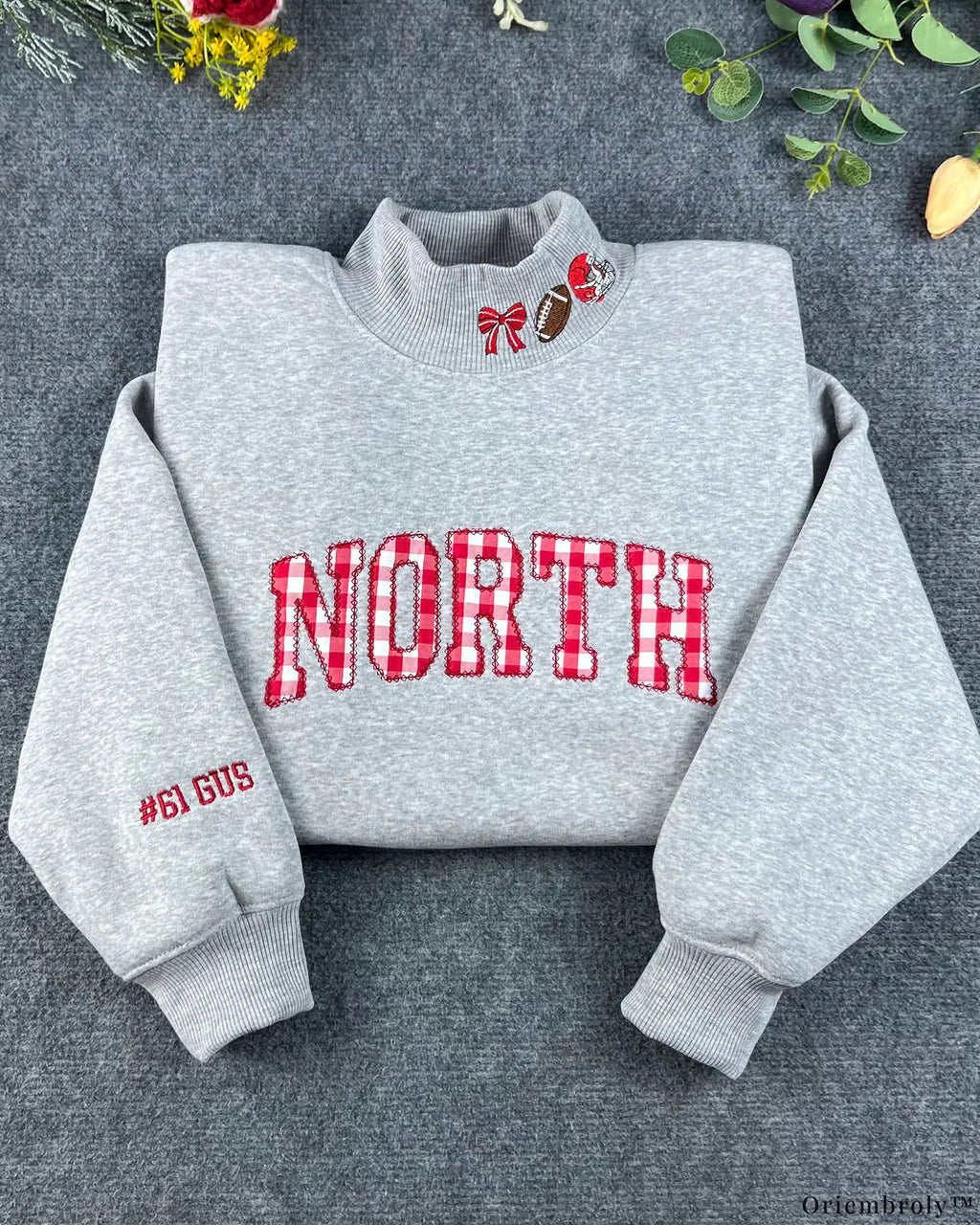 Custom Gingham Plaid Applique Football Embroidered Light Grey Mock Neck Sweatshirt