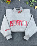 Custom Gingham Plaid Applique Football Embroidered Light Grey Mock Neck Sweatshirt