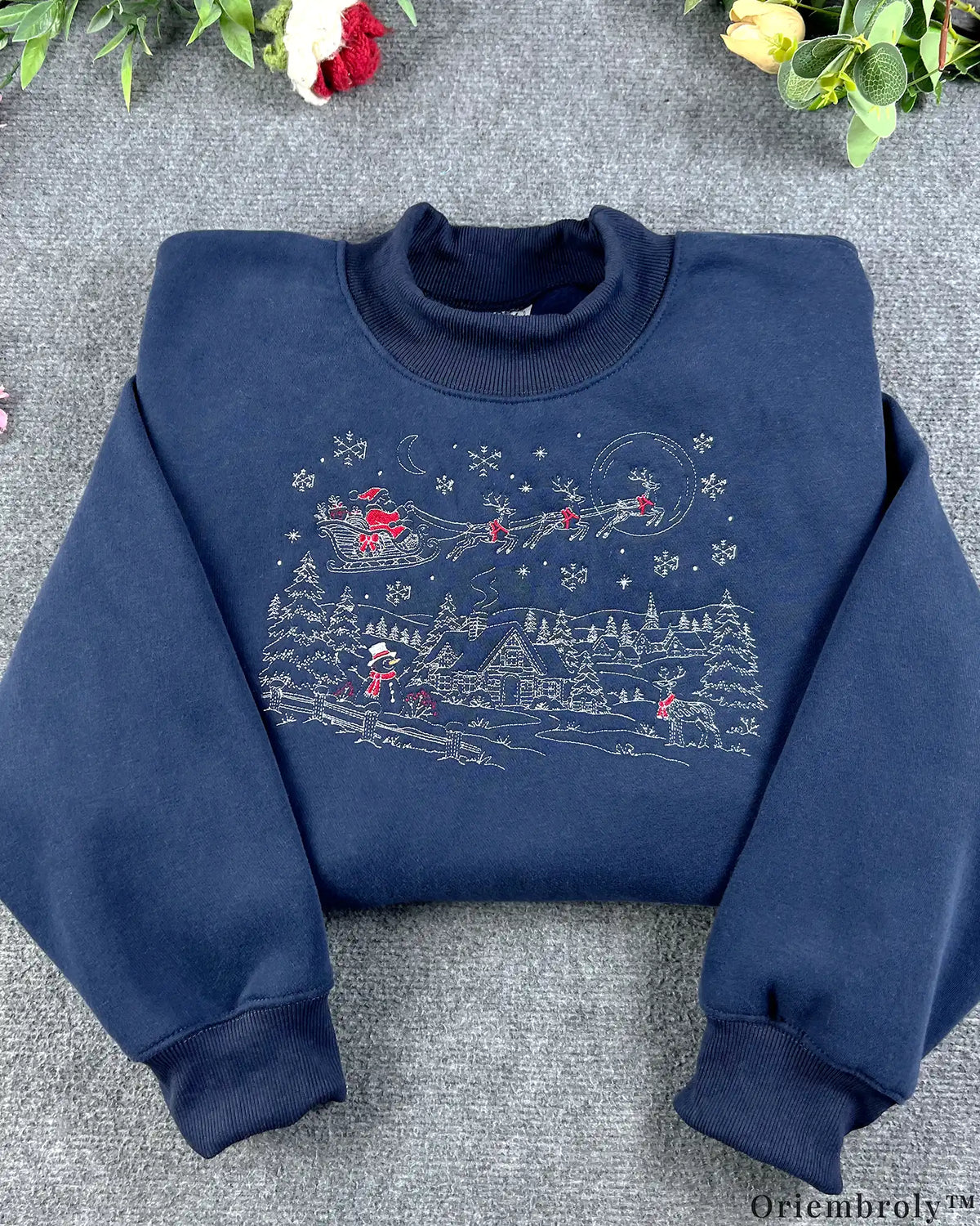 Vintage Christmas Winter Village Santa Sleigh Embroidered Mock-Neck Sweatshirt