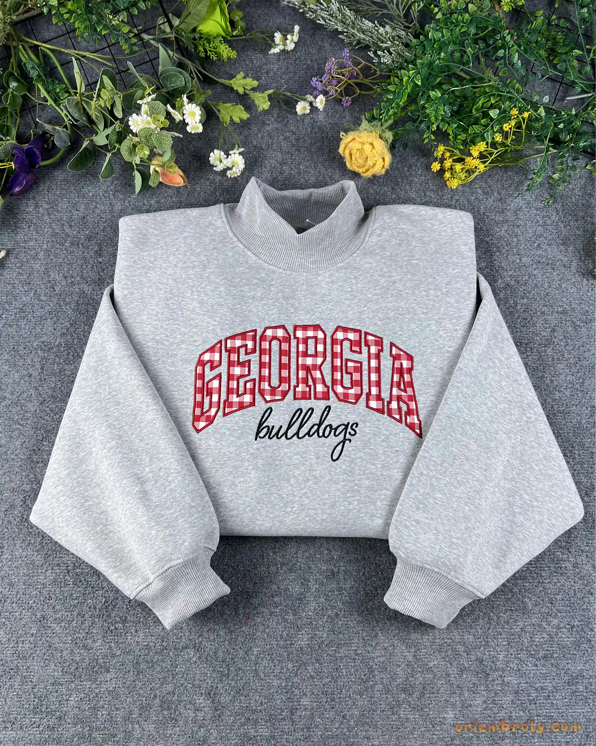 Georgia Bulldogs Game Day Gingham Embroidered Heather Grey Mock Neck Sweatshirt