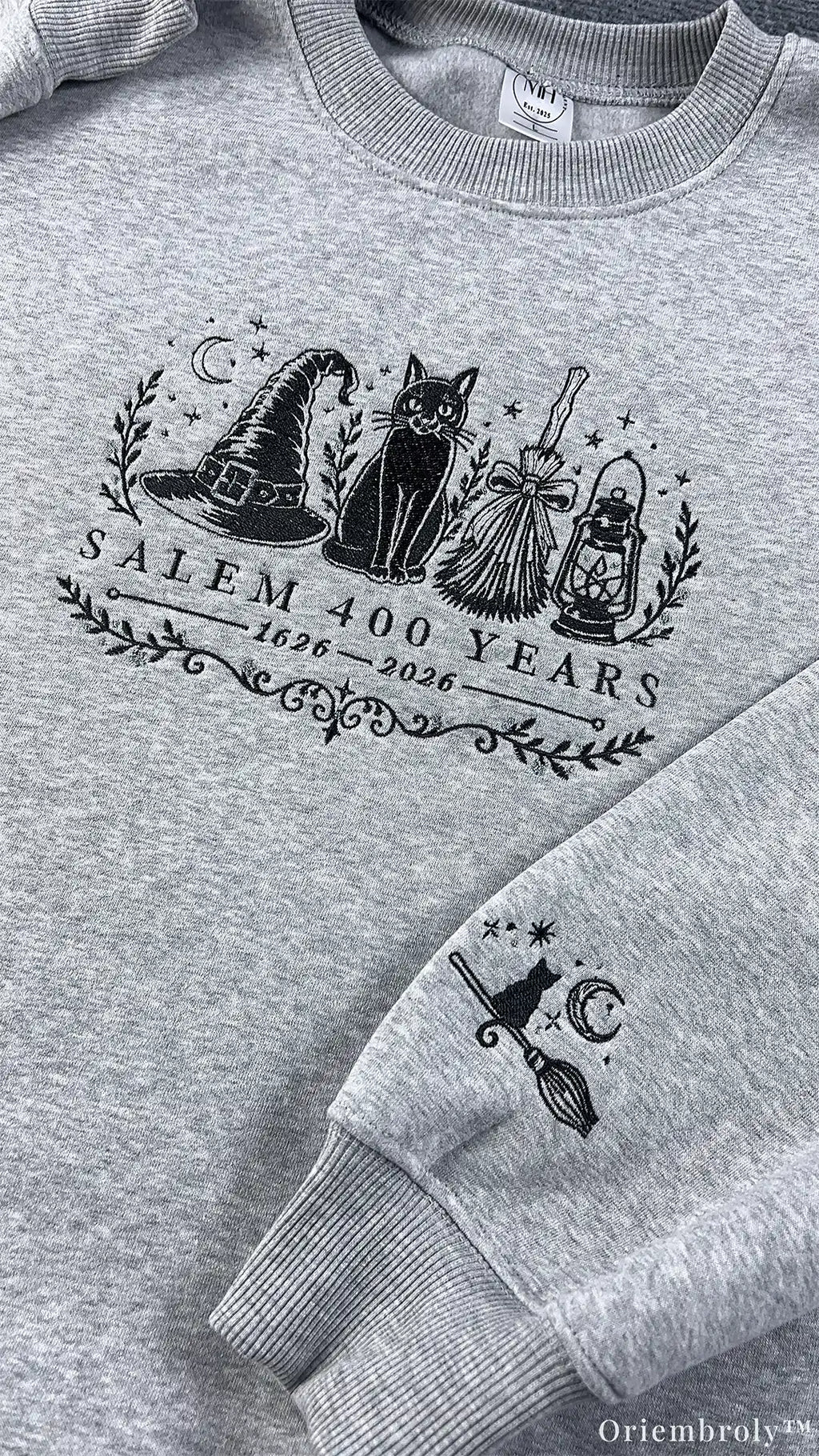Salem 400 Years Witch Hat Black Cat Broomstick Sleeve Embroidered Grey Sweatshirt