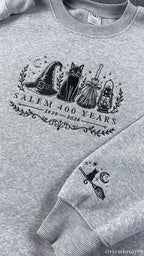 Salem 400 Years Witch Hat Black Cat Broomstick Sleeve Embroidered Grey Sweatshirt
