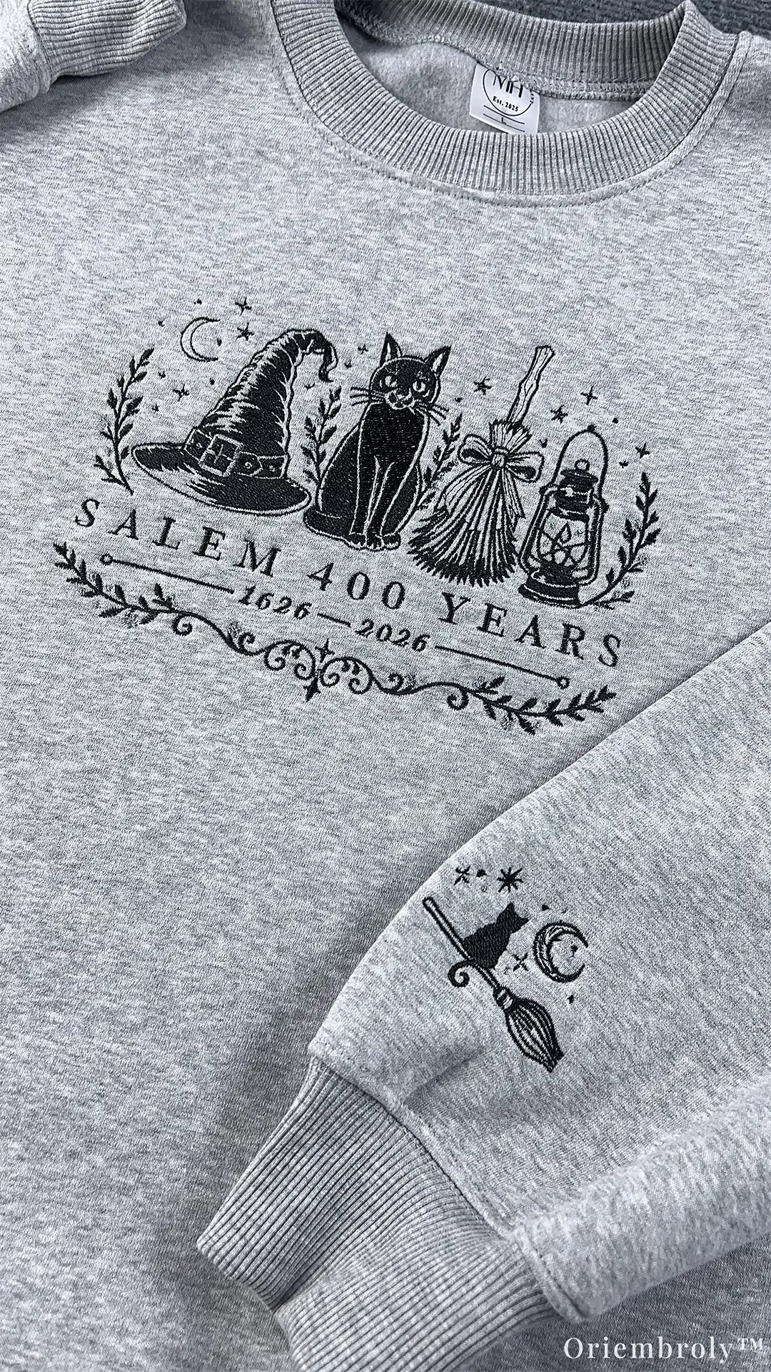 Salem 400 Years Witch Hat Black Cat Broomstick Sleeve Embroidered Grey Sweatshirt
