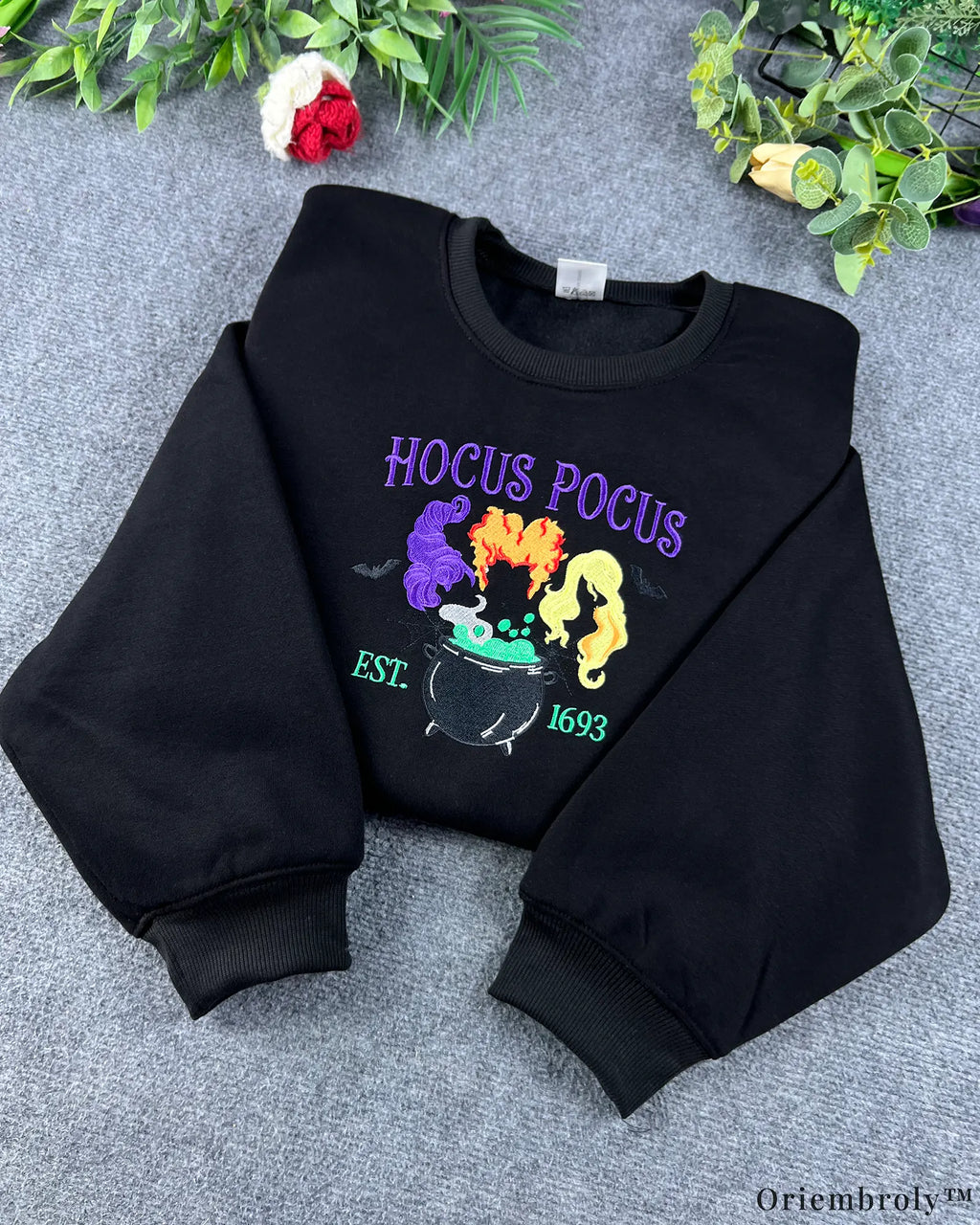 Witch Sisters Magic Cauldron Hair Embroidered Black Crewneck Sweatshirt