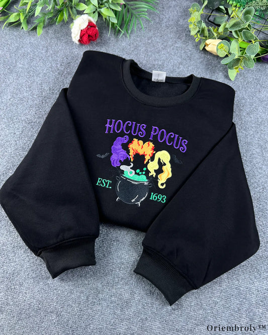 Witch Sisters Magic Cauldron Hair Embroidered Black Crewneck Sweatshirt