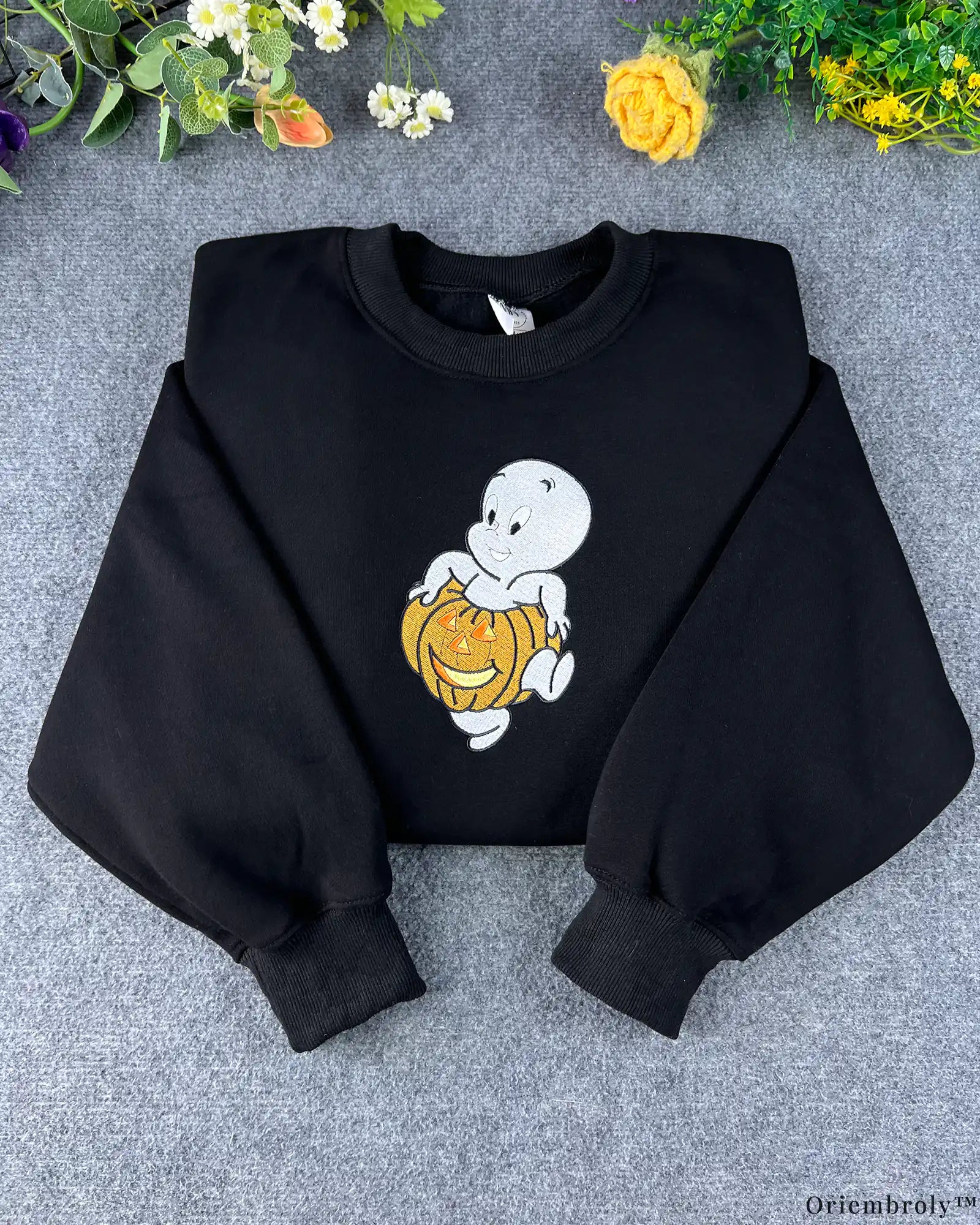 Friendly Ghost Orange Pumpkin Halloween Embroidered Black Crewneck Sweatshirt