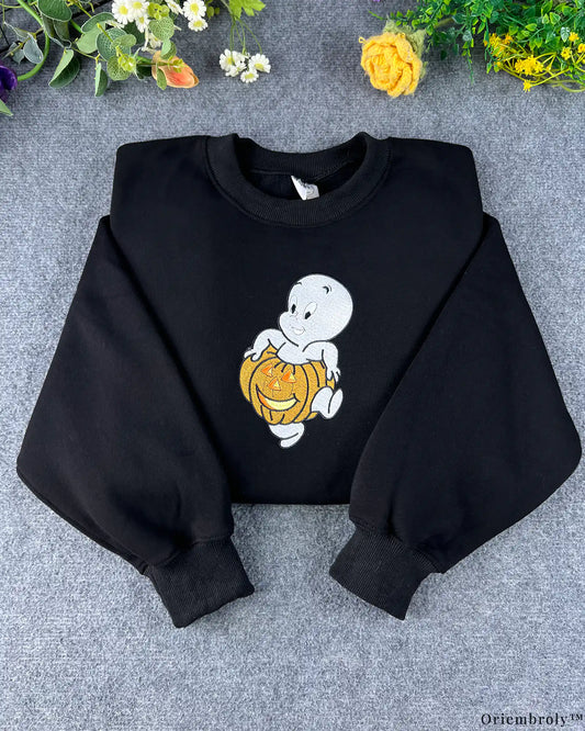 Friendly Ghost Orange Pumpkin Halloween Embroidered Black Crewneck Sweatshirt