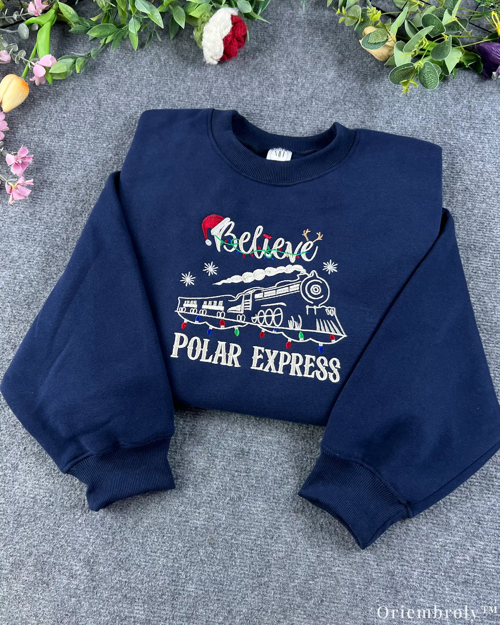 Believe Holiday Christmas Steam Train Lights Embroidered Navy Sweatshirt