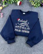 Believe Holiday Christmas Steam Train Lights Embroidered Navy Sweatshirt