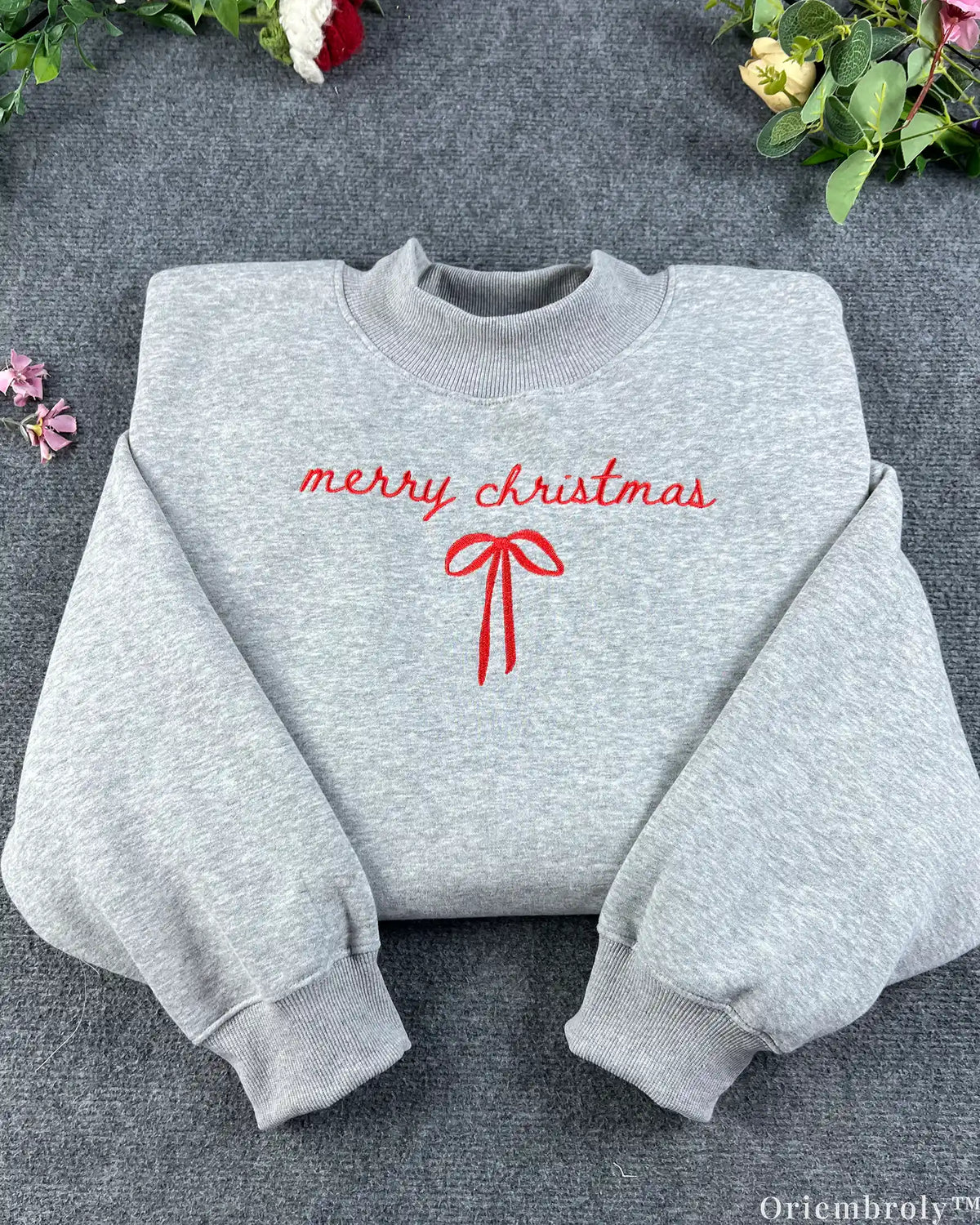 Merry Christmas Script Ribbon Bow Embroidered Mock-Neck Sweatshirt