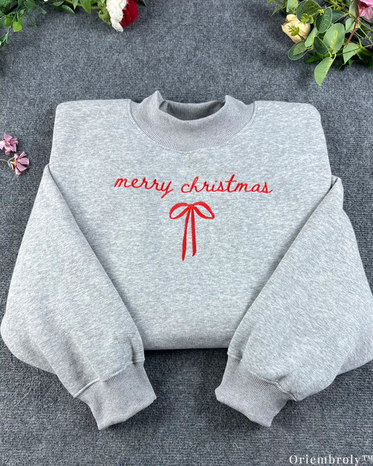 Merry Christmas Script Ribbon Bow Embroidered Mock-Neck Sweatshirt