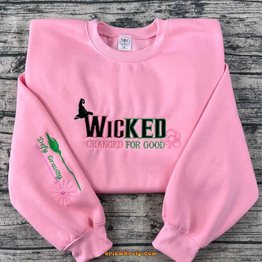 Wicked Duo Embroidered Sweatshirt – Elphaba or Glinda Design, Initial Sleeve Embroidery, Broadway Fan Gift