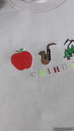 Chihuahua Rebus Puzzle Sweater - Apple Sax Mountain Burrito