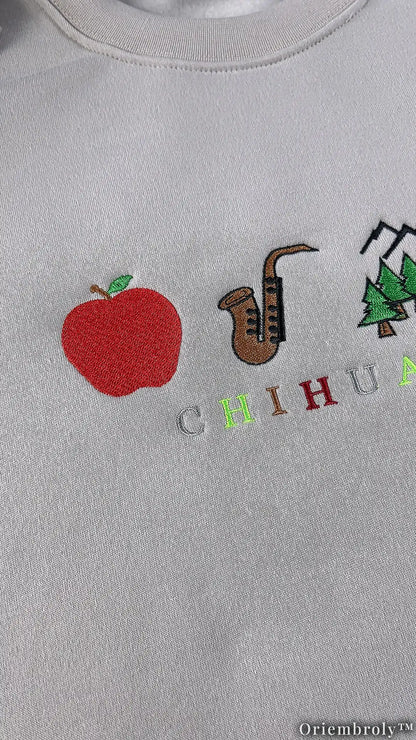 Chihuahua Rebus Puzzle Sweater - Apple Sax Mountain Burrito