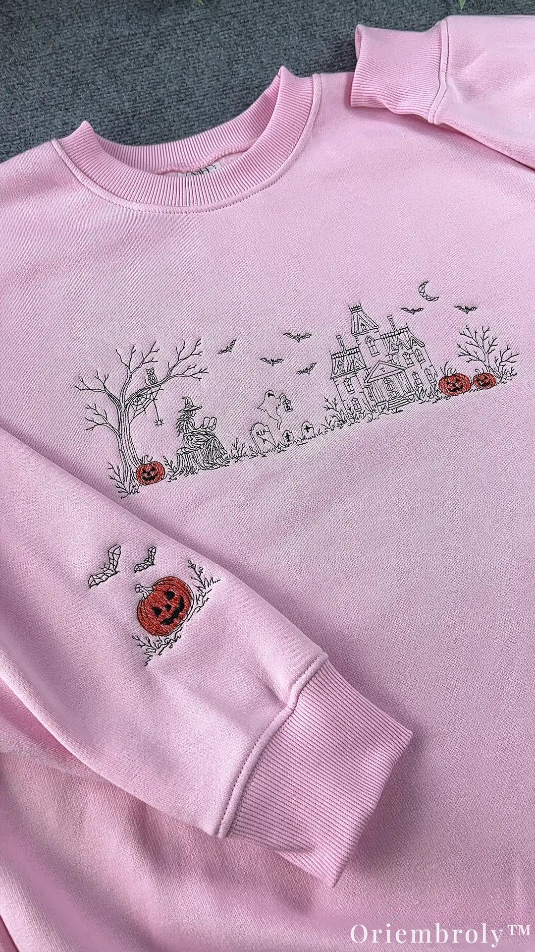 Halloween Village Embroidered Sweatshirt – Witch & Pumpkin Crewneck