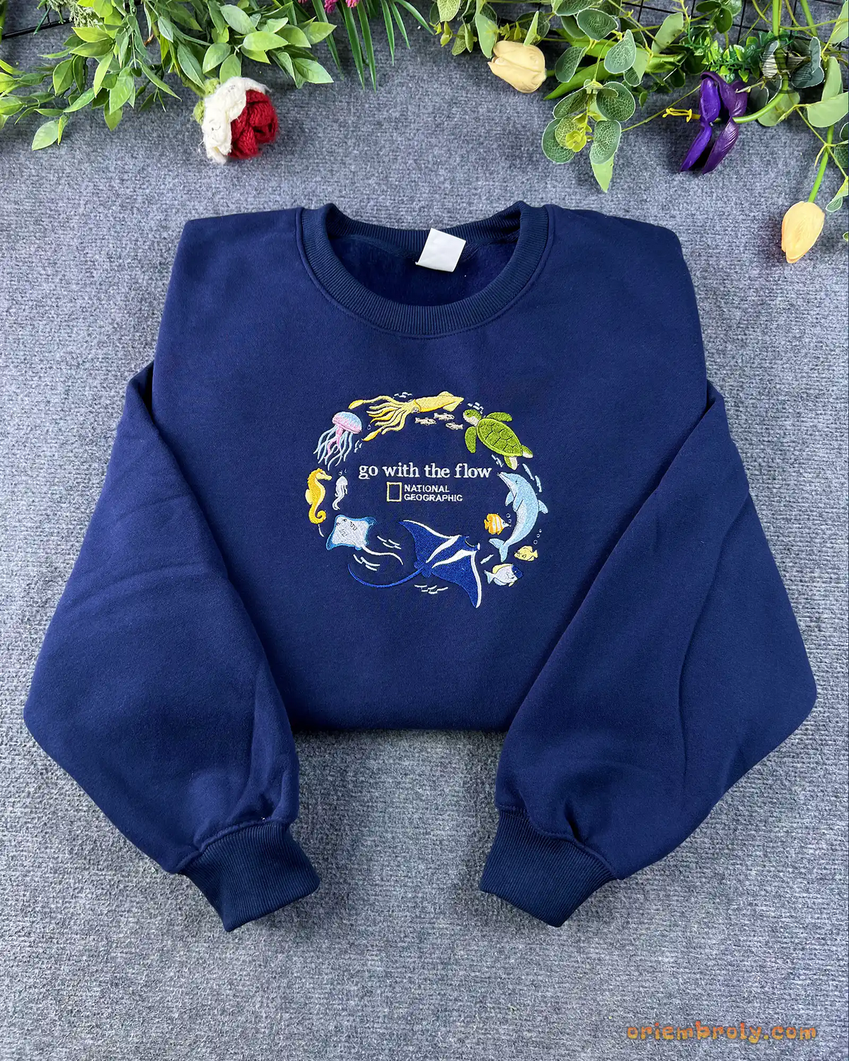Go With The Flow Marine Life Sea Turtle Dolphin Embroidered Navy Sweatshirt