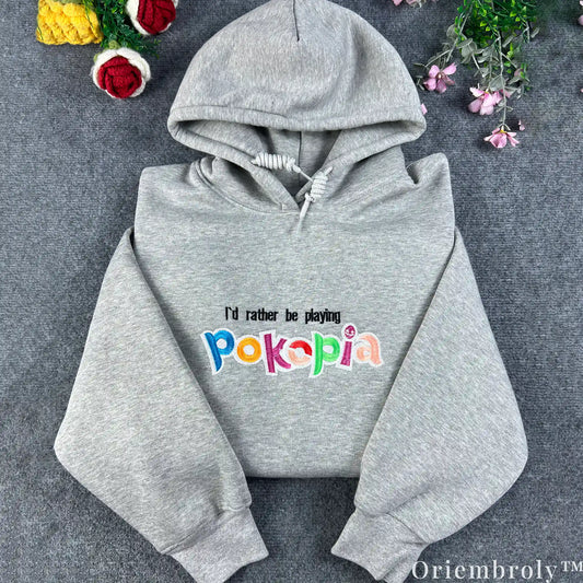 I’d Rather Be Playing Pokopia Embroidered Hoodie – Retro Gamer Y2K Streetwear Pullover