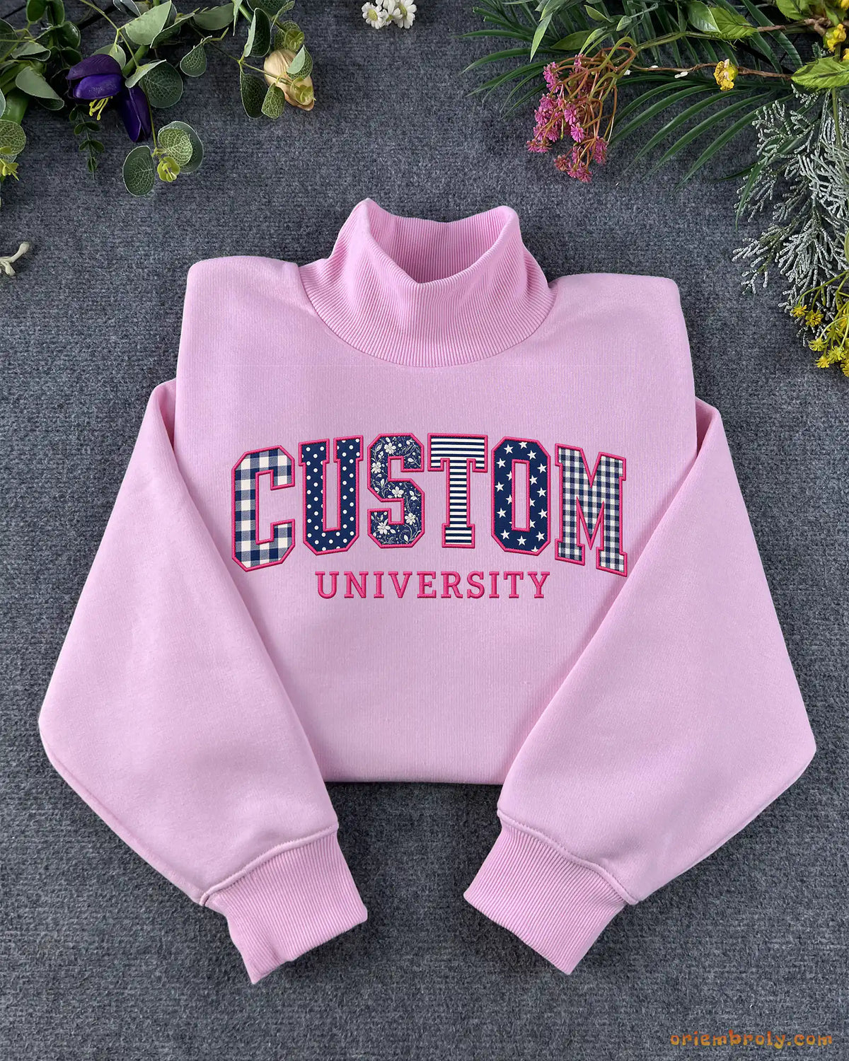 Custom State University Applique Embroidered Crewneck and Mock Neck Sweatshirt