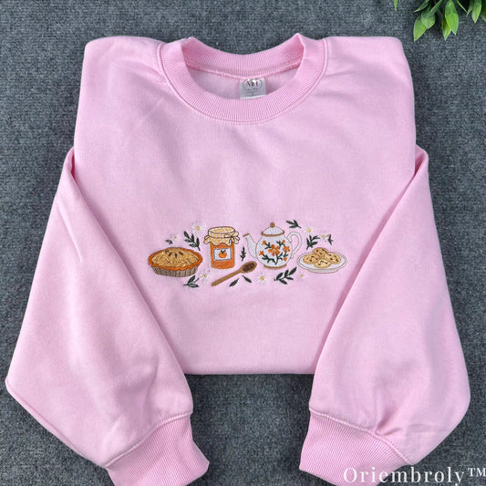 Cottagecore Embroidered Sweatshirt – Honey Tea Party Pink Crewneck, Cozy Aesthetic Pullover