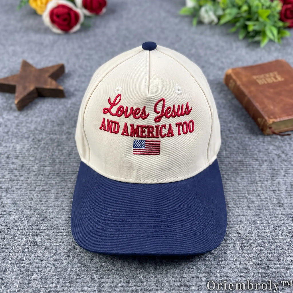 Loves Jesus and America Too Embroidered Baseball Cap, Christian Patriotic Hat, 4th of July Cap, American Flag Hat, Faith & Freedom Gift