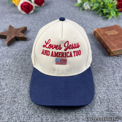Loves Jesus and America Too Embroidered Baseball Cap, Christian Patriotic Hat, 4th of July Cap, American Flag Hat, Faith & Freedom Gift