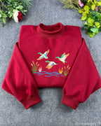 Mallard Ducks Lake Marshland Embroidered Mock-Neck Sweatshirt