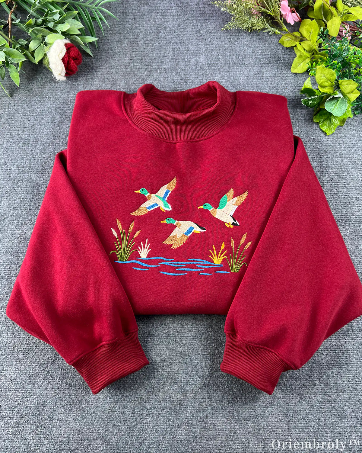 Mallard Ducks Lake Marshland Embroidered Mock-Neck Sweatshirt