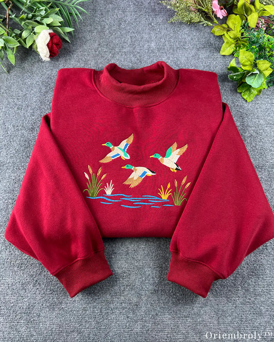 Mallard Ducks Lake Marshland Embroidered Mock-Neck Sweatshirt
