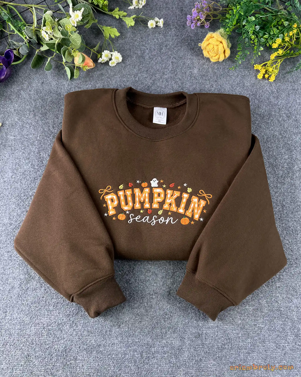 Pumpkin Season Gingham Patchwork Embroidered Dark Brown Crewneck Sweatshirt