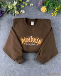 Pumpkin Season Gingham Patchwork Embroidered Dark Brown Crewneck Sweatshirt