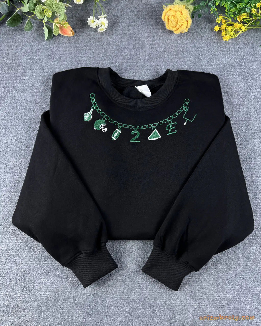 Sports Charm Necklace Draped Embroidered Solid Black Crewneck Sweatshirt