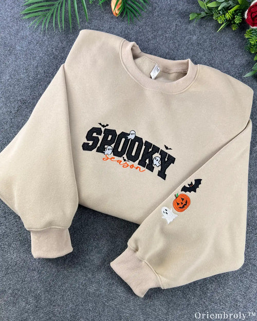 Spooky Season Embroidered Appliqué Sweatshirt – Glitter Ghost Halloween Crewneck, Cozy Fall Pullover