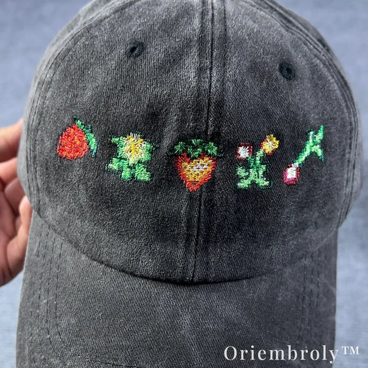 Pixel Farm Items Inspired Embroidered Vintage Washed Dad Hat – Cozy Gaming Aesthetic Statement Cap